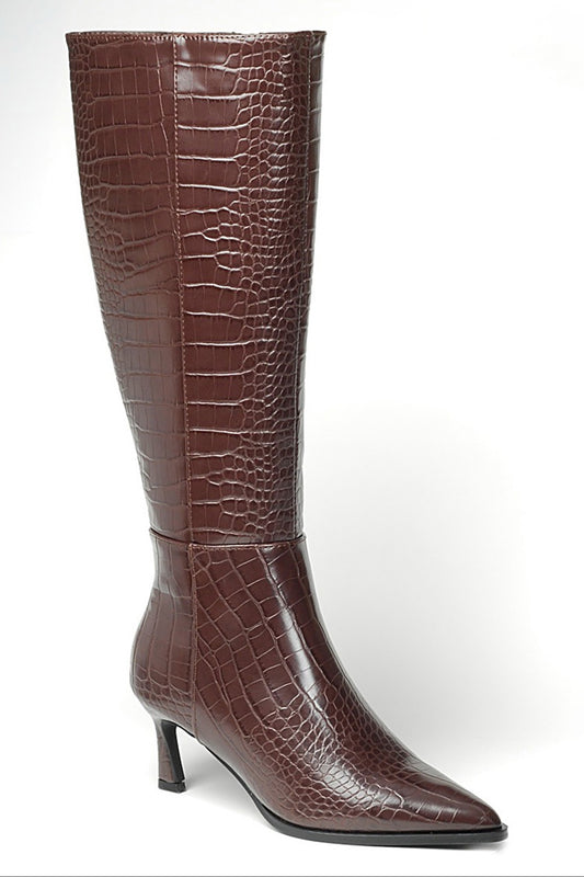 Croc Brown Kitten Heel Boots LV