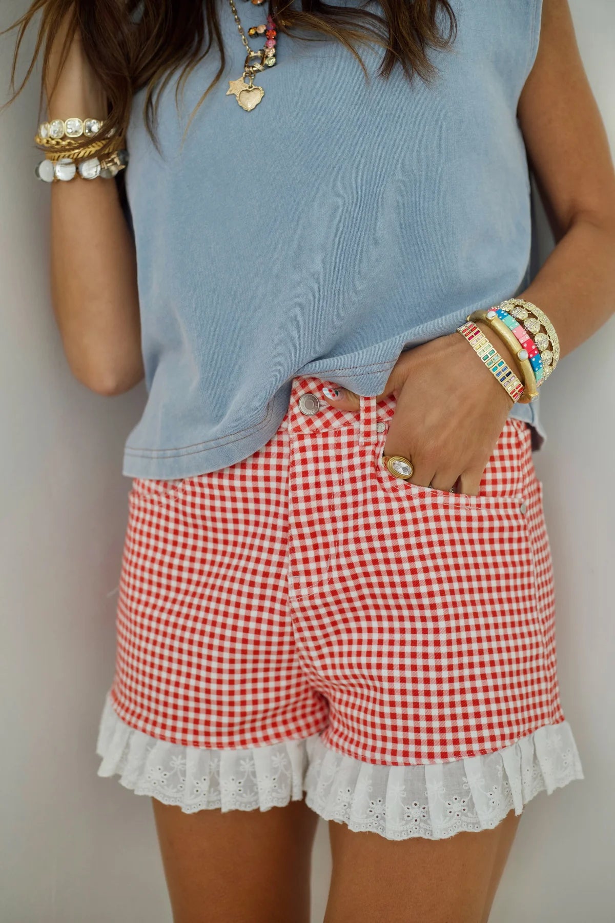 Red Gingham Denim Shorts